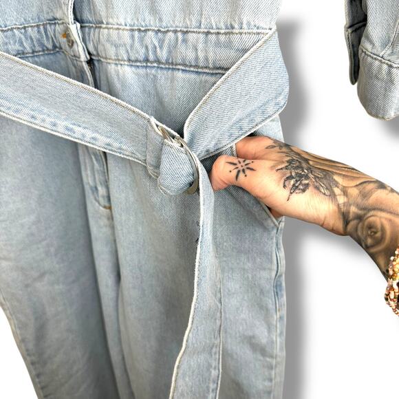 NA-KD NWT Cotton Denim Jean Belted Puff Sleeve Button Collard Denim Jumpsuit - Picture 5 of 11